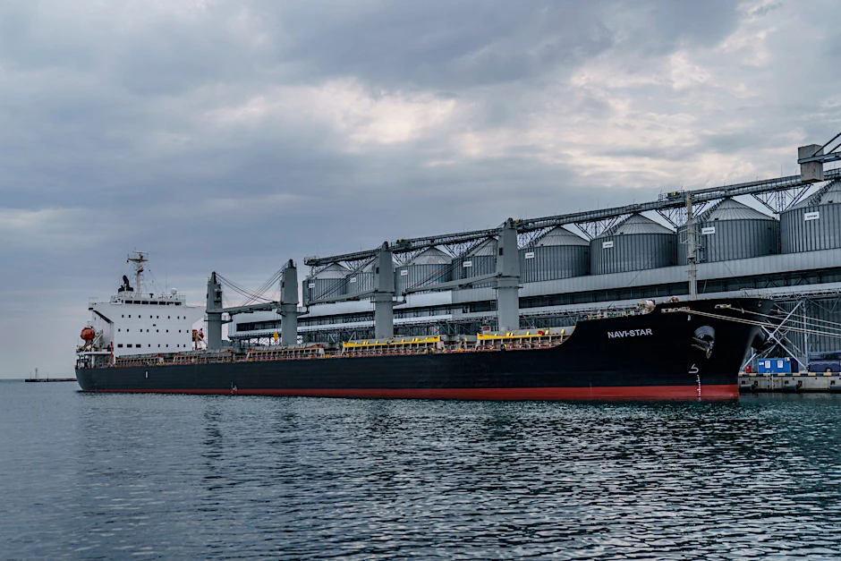 Ein Frachtschiff wartet darauf, den Hafen von Odessa zu verlassen.