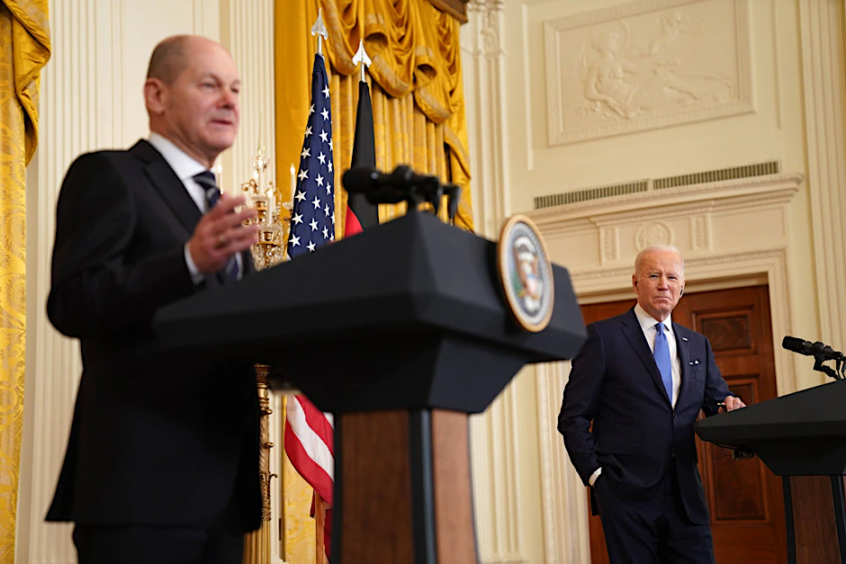 Olaf Scholz mit US-Präsident Joe Biden am 7. Februar 2022 in Washington.&nbsp;&nbsp;