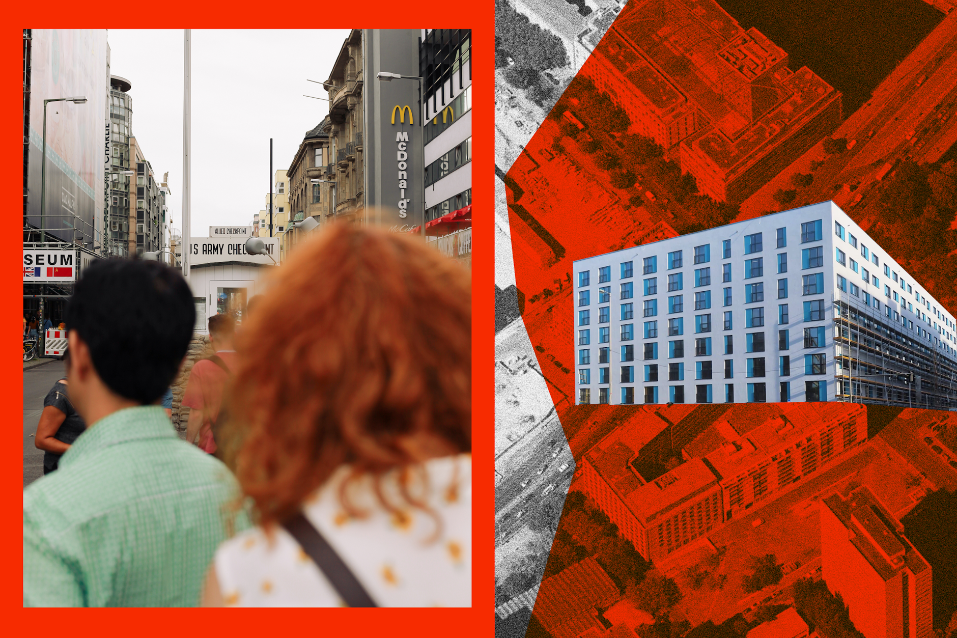 Der Checkpoint Charlie: Er könnte bald so langweilig aussehen wie der Neubau auf der Fischerinsel (rechts).