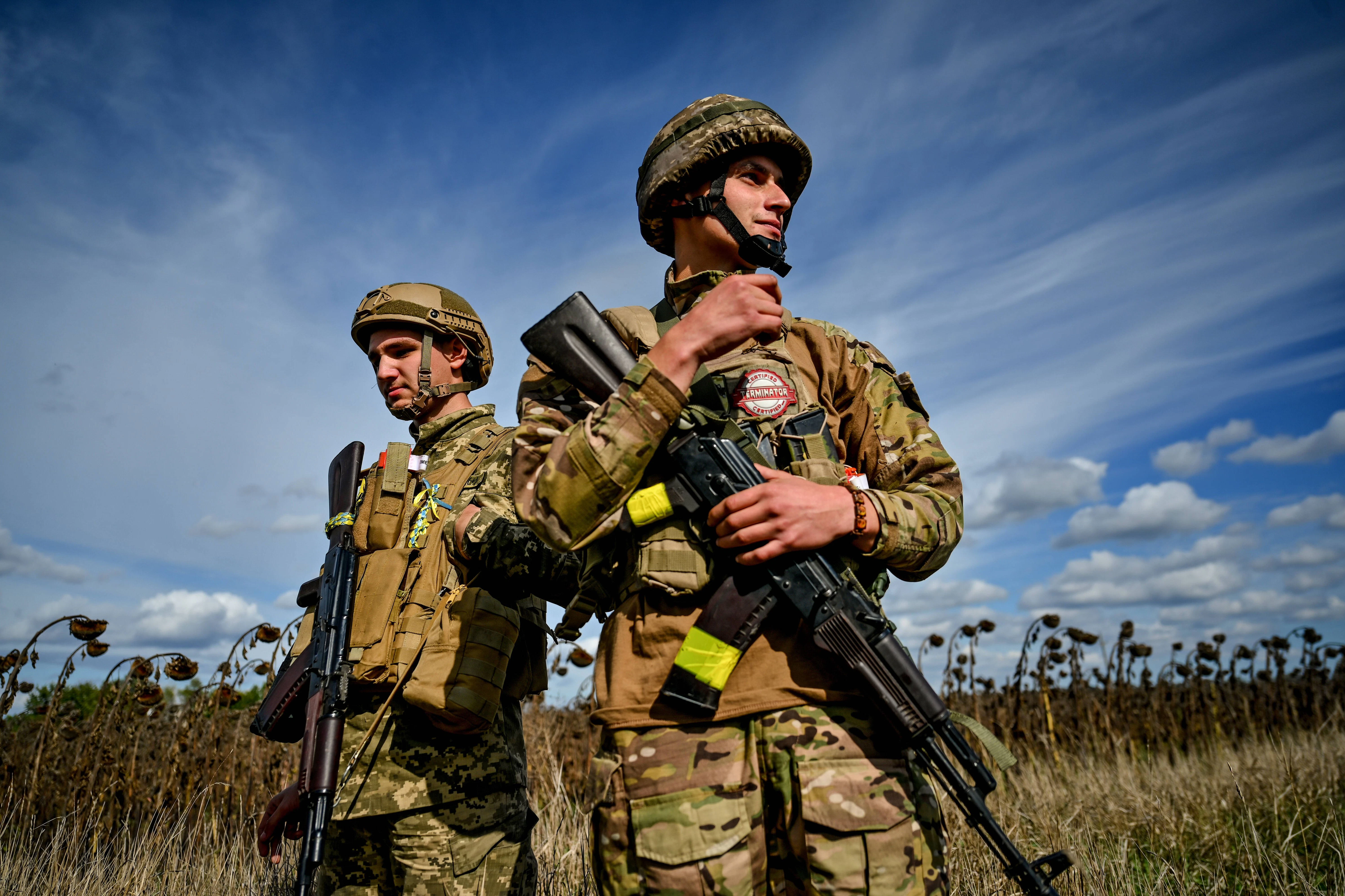 Region Saporischschja, Südostukraine, Mai 2022: Soldaten einer militärischen Mörsergruppe schauen sich am Rande eines trockenen Sonnenblumenfeldes um.