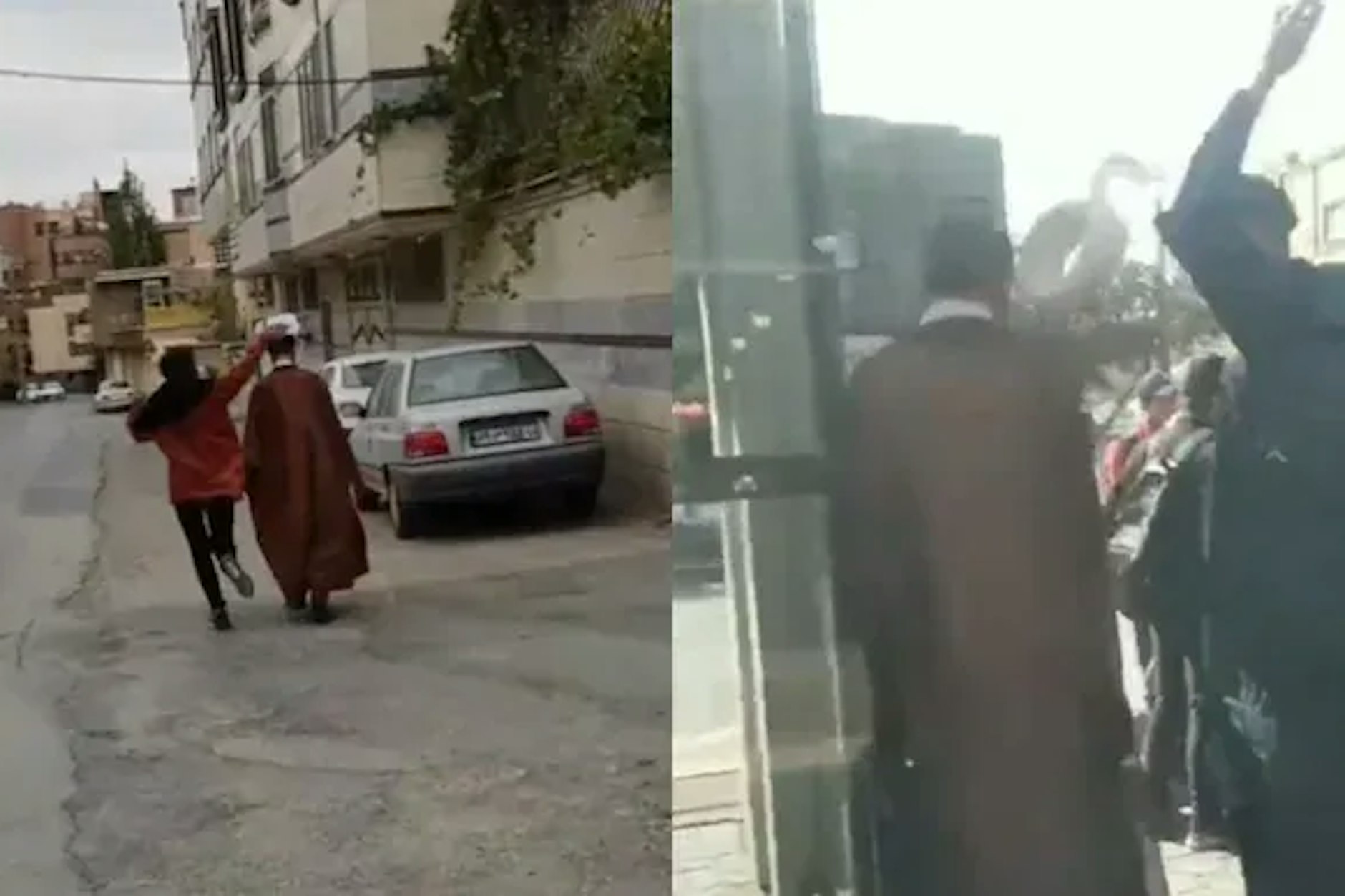 Screenshot aus einem Video: Ein Teenager im Iran schlägt einem Geistlichen den Turban vom Kopf.
