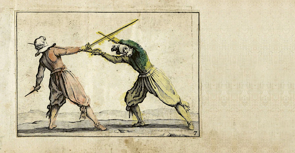 Was Männer mit Schwertern machen, wenn sie sie nicht in Scheiden stecken. Stich von 1621.