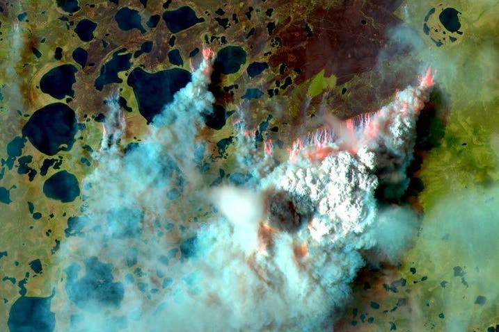 Satellitenbild eines Flächenbrandes in Sibirien, August 2020.