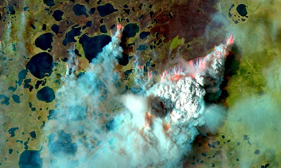 Satellitenbild eines Flächenbrandes in Sibirien, August 2020.