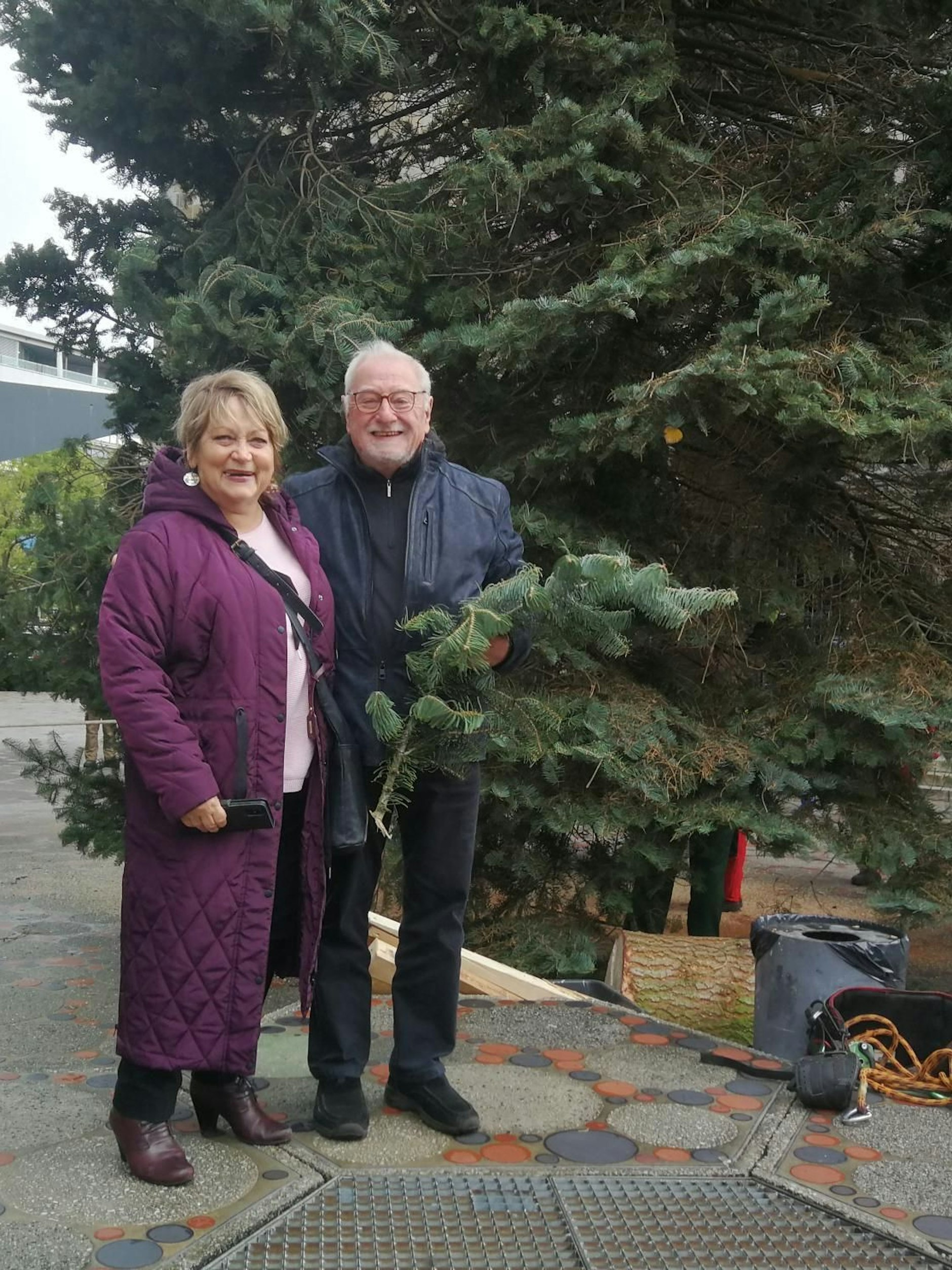 Die Spenderin Margot Herre und Klaus Peters nehmen Abschied von ihrer Tanne.