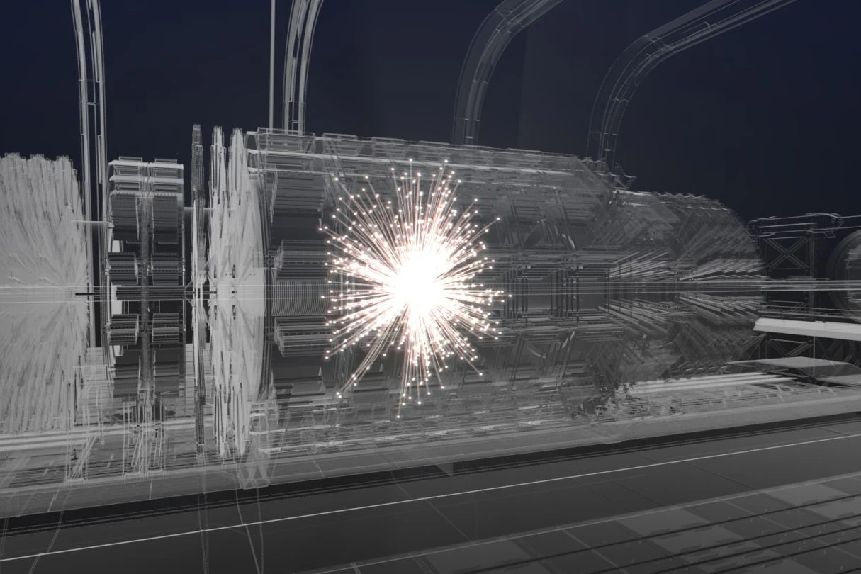 ILLUSTRATION - Eine künstlerische Darstellung zeigt eine Teilchen-Kollision in der neuen, von den Physikern der Europäischen Organisation für Kernforschung (CERN) vorgeschlagenen Anlage, die in einem 100 Kilometer langen ringförmigen Tunnel teils unter dem&nbsp;Genfer See verlaufen soll.
