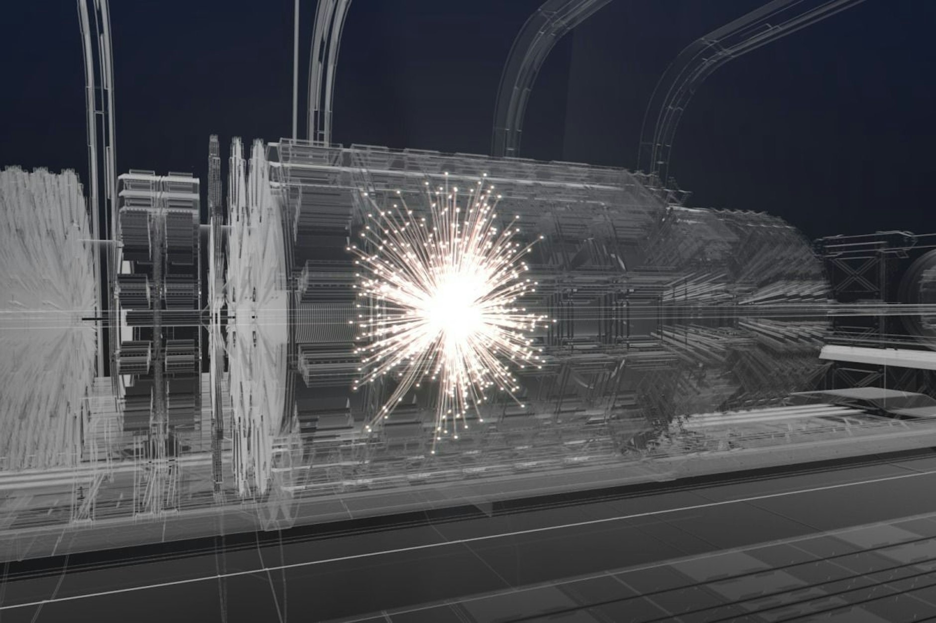 ILLUSTRATION - Eine künstlerische Darstellung zeigt eine Teilchen-Kollision in der neuen, von den Physikern der Europäischen Organisation für Kernforschung (CERN) vorgeschlagenen Anlage, die in einem 100 Kilometer langen ringförmigen Tunnel teils unter dem&nbsp;Genfer See verlaufen soll.