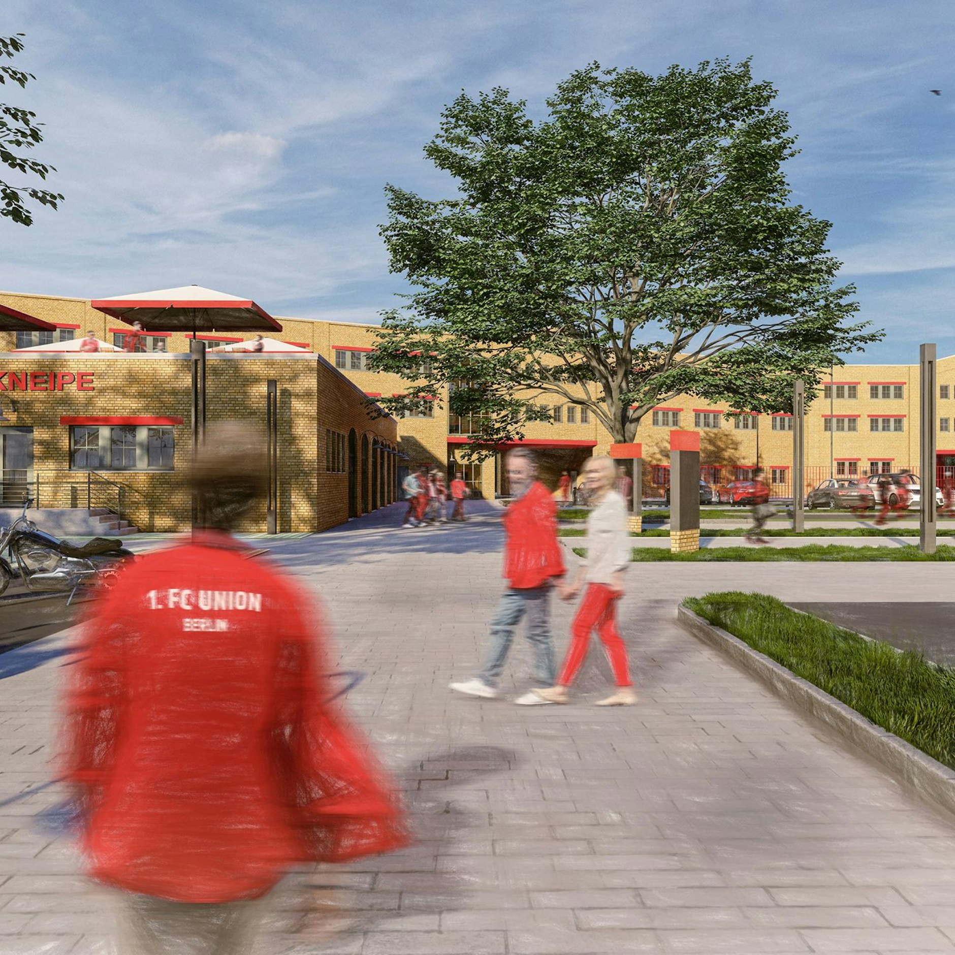 Das geplante Klubhaus mit dem Verwaltungsgebäude aus Blickrichtung Wuhle