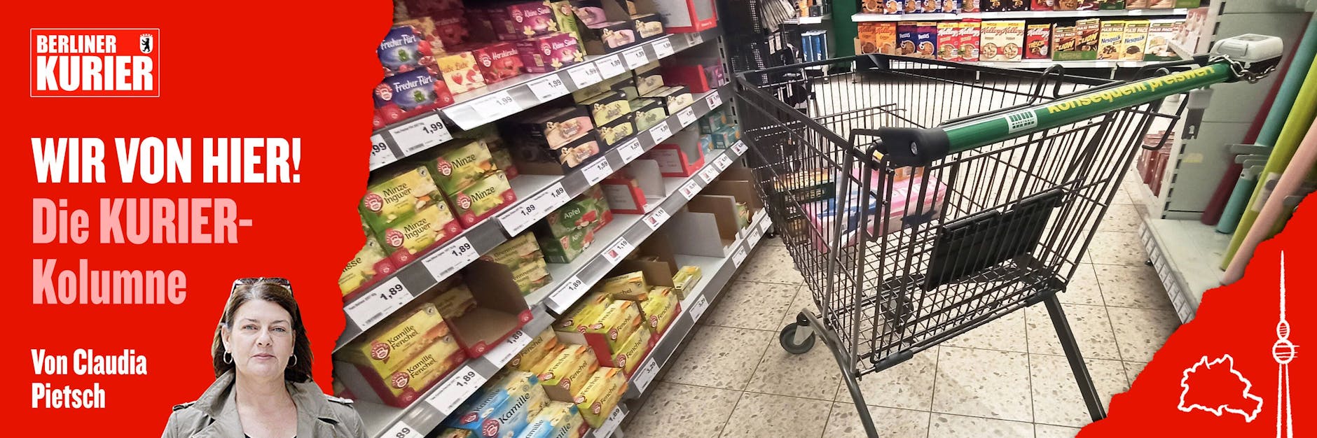 Ein Korb steht einsam in einem Supermarkt.