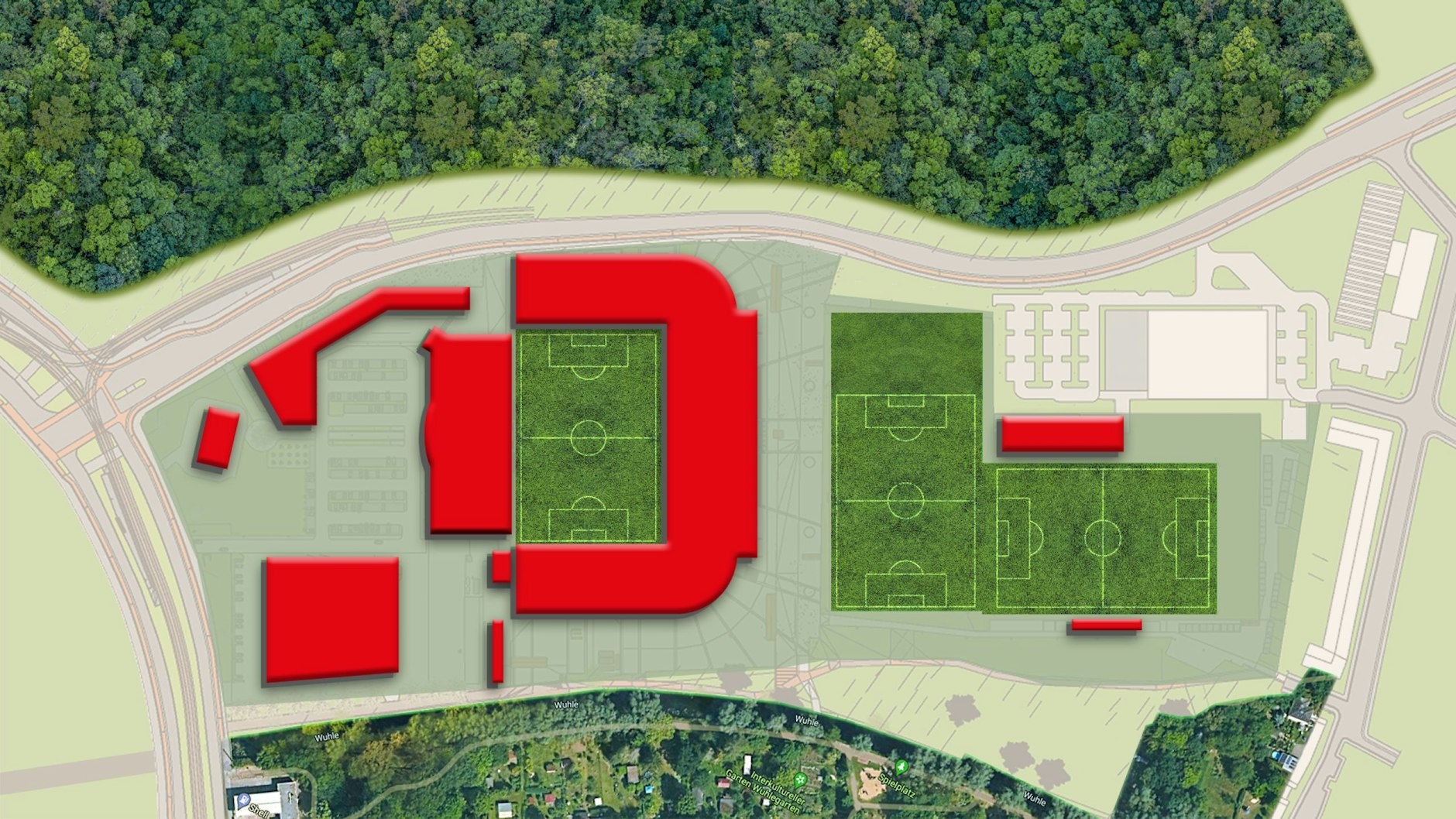 Der Lageplan der neuen Alten Försterei: Rot sind die Neubauten, rechts die neu angelegten Trainingsplätze.&nbsp;