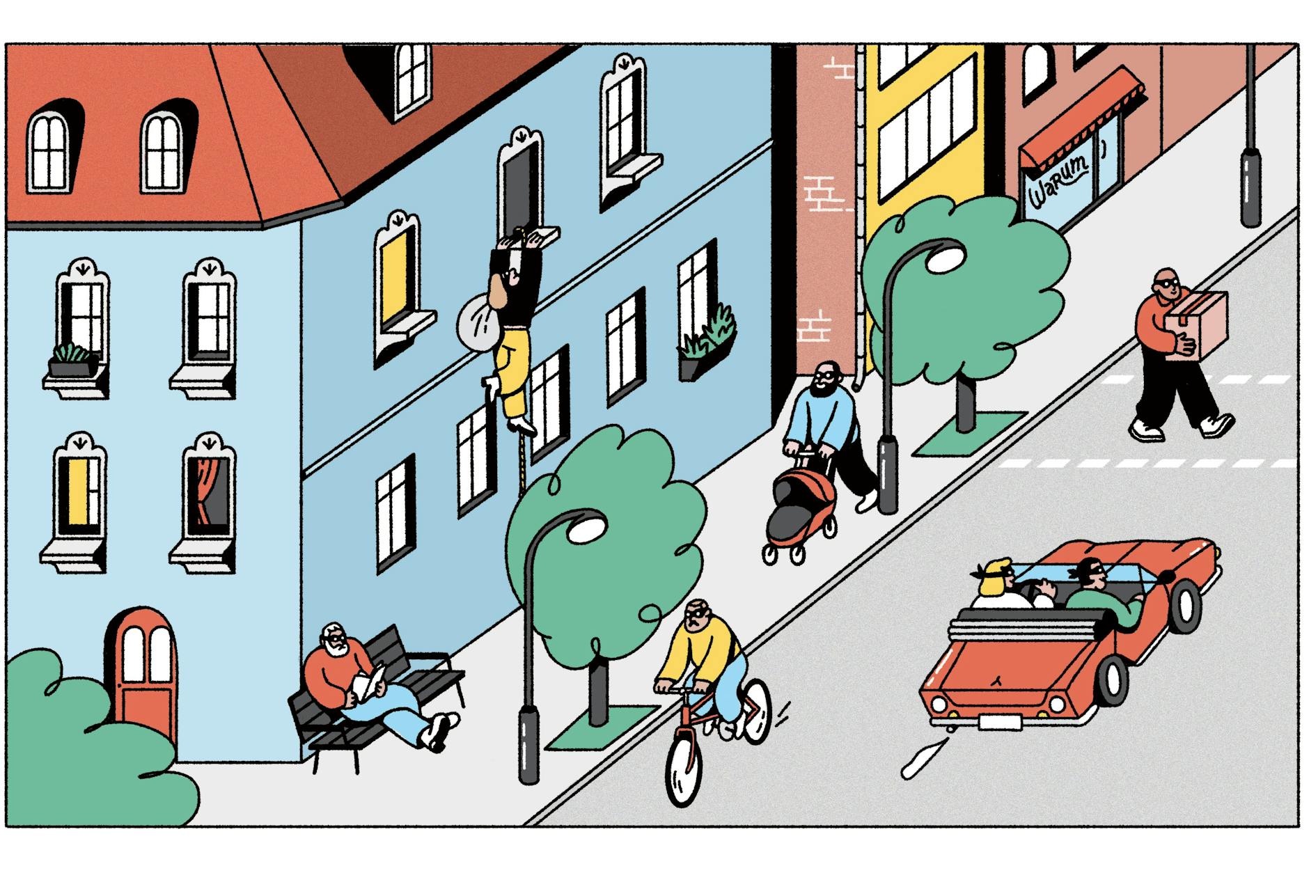 Selbstbedienungsmentalität und in der Hauptstadt ganz alltäglich: ein Berliner Kiez samt Einbrecher.