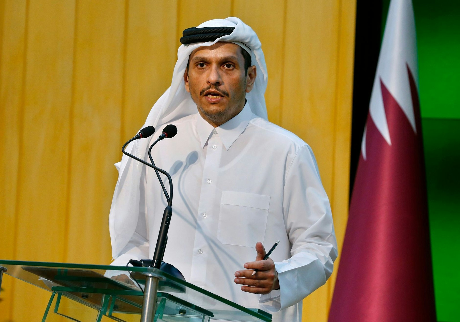 ARCHIV - Mohammed bin Mohammed bin Abdulrahman Al Thani, Außenminister von Katar, spricht bei einer Pressekonferenz.  