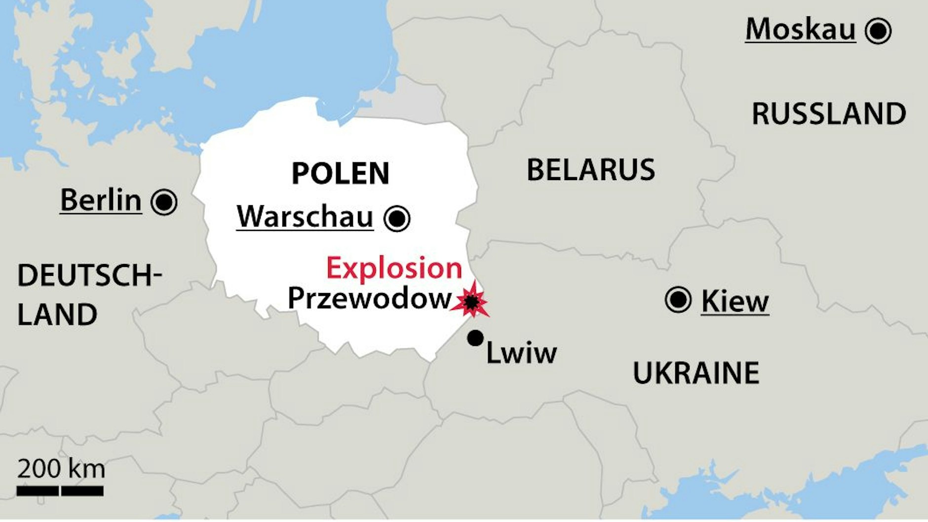 Das getroffene Dorf in der Woiwodschaft Lublin liegt dicht an der ukrainischen Grenze und nördlich der Großstadt Lwiw/Lemberg.