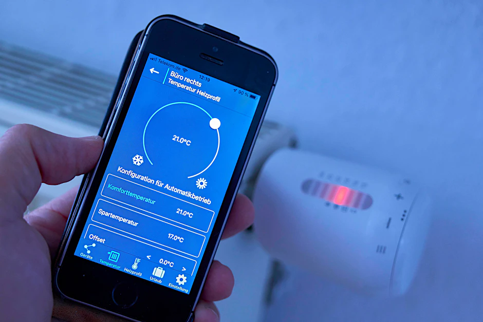 Elektronische Heizungsthermostat wird mit dem Handy eingestellt Energiekriese