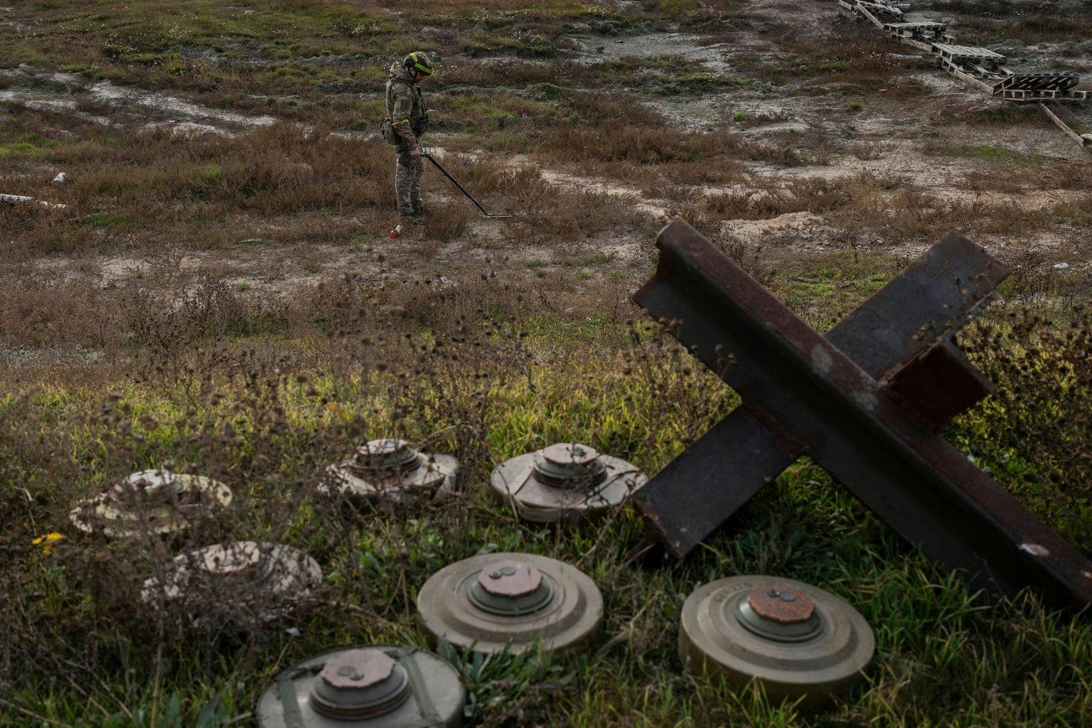Ein ukrainischer Soldat sucht auf dem Feld eines kürzlich befreiten Dorfes am Rande von Cherson nach Minen. 