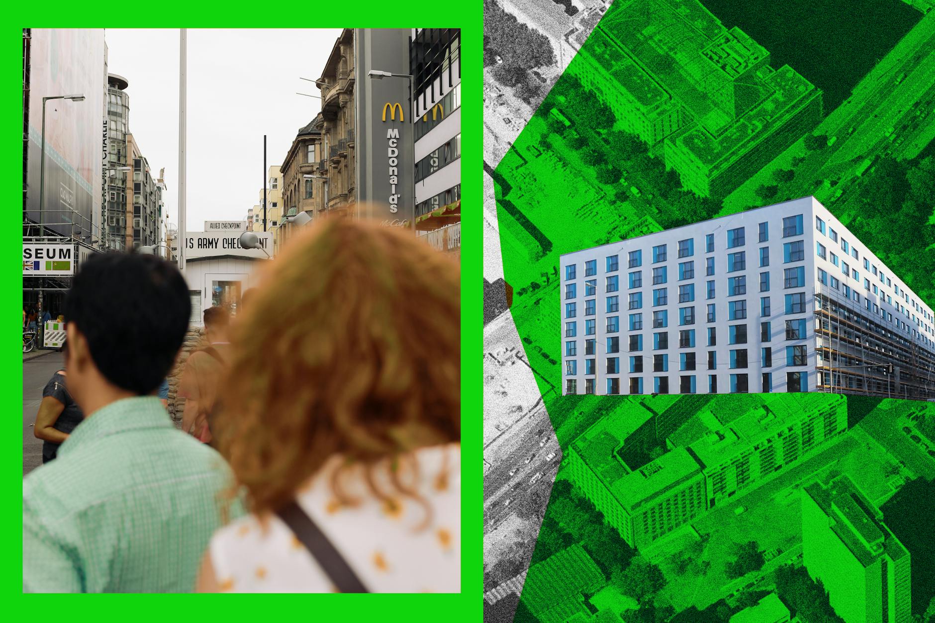 Der Checkpoint Charlie: Er könnte bald so langweilig aussehen wie der Neubau auf der Fischerinsel (rechts).