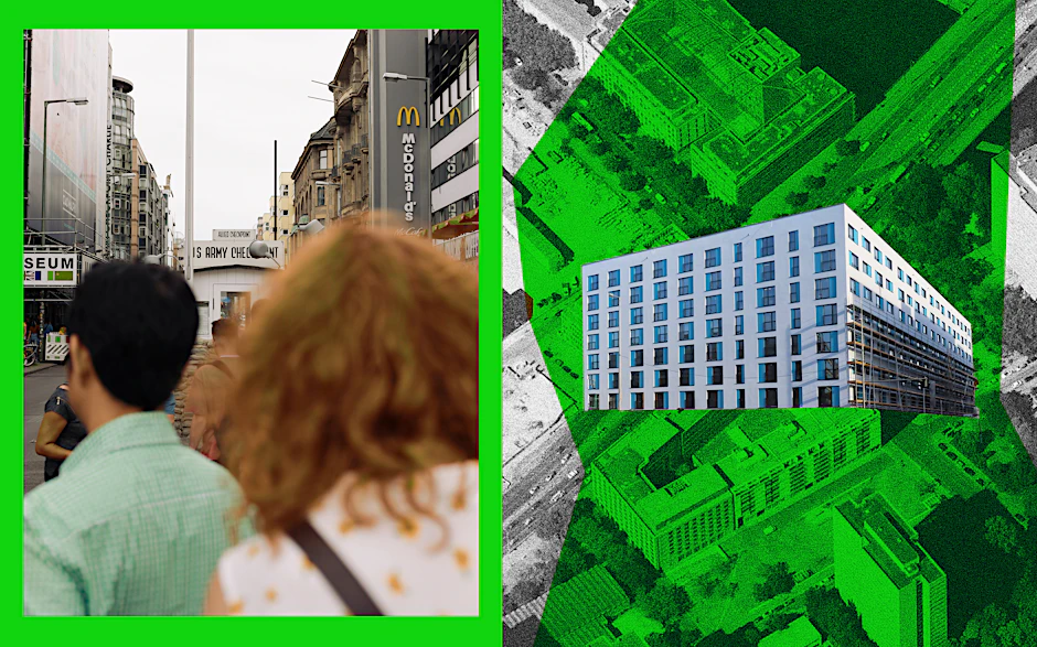 Der Checkpoint Charlie: Er könnte bald so langweilig aussehen wie der Neubau auf der Fischerinsel (rechts).