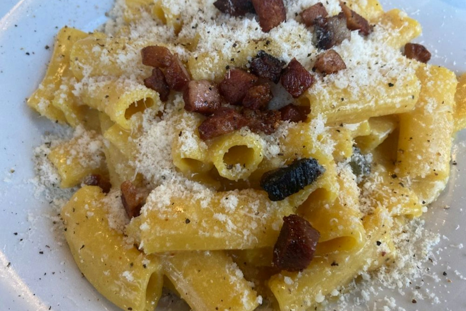 Eigentlich bestellen alle immer die Carbonara: Puristen mit Tagliatelle und ganz Verwegene mit Rigatoni.