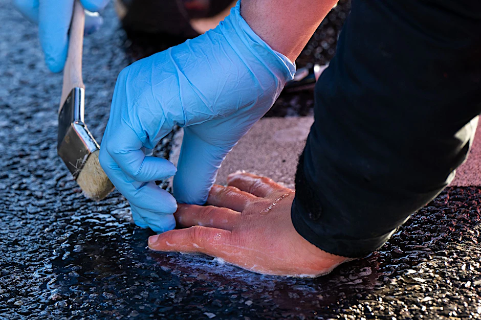 Ein Polizisten löst die Verklebung, mit der sich ein Klimaaktivist der Umweltschutzbewegung «Letzte Generation» geklebt hatte.  