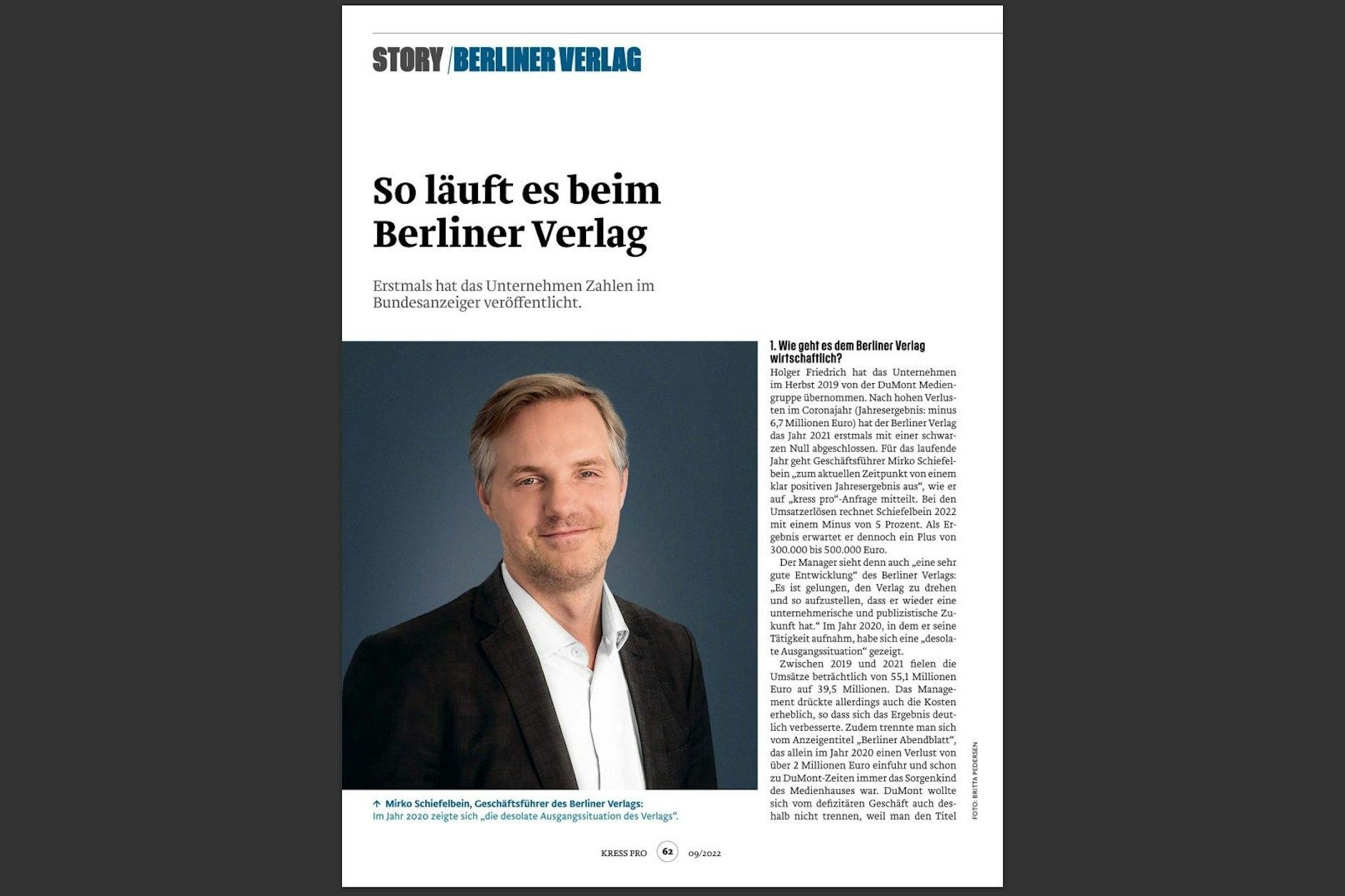 Ein Screenshot der Geschichte über den Berliner Verlag im aktuellen Medienmagazin kress pro.