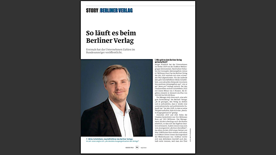 Ein Screenshot der Geschichte über den Berliner Verlag im aktuellen Medienmagazin kress pro.