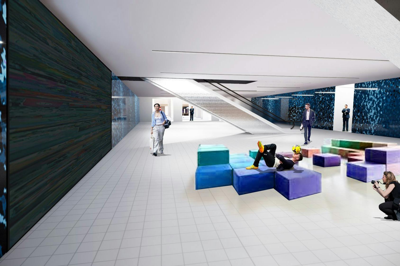 Schöner warten in der geplanten S-Bahn-Station unterm Hauptbahnhof. Farbige Sitzwürfel gehören zu den Gestaltungsideen, an denen die Bahn derzeit arbeitet. Die Passerelle führt zum Hauptbahnhof und zur U5.