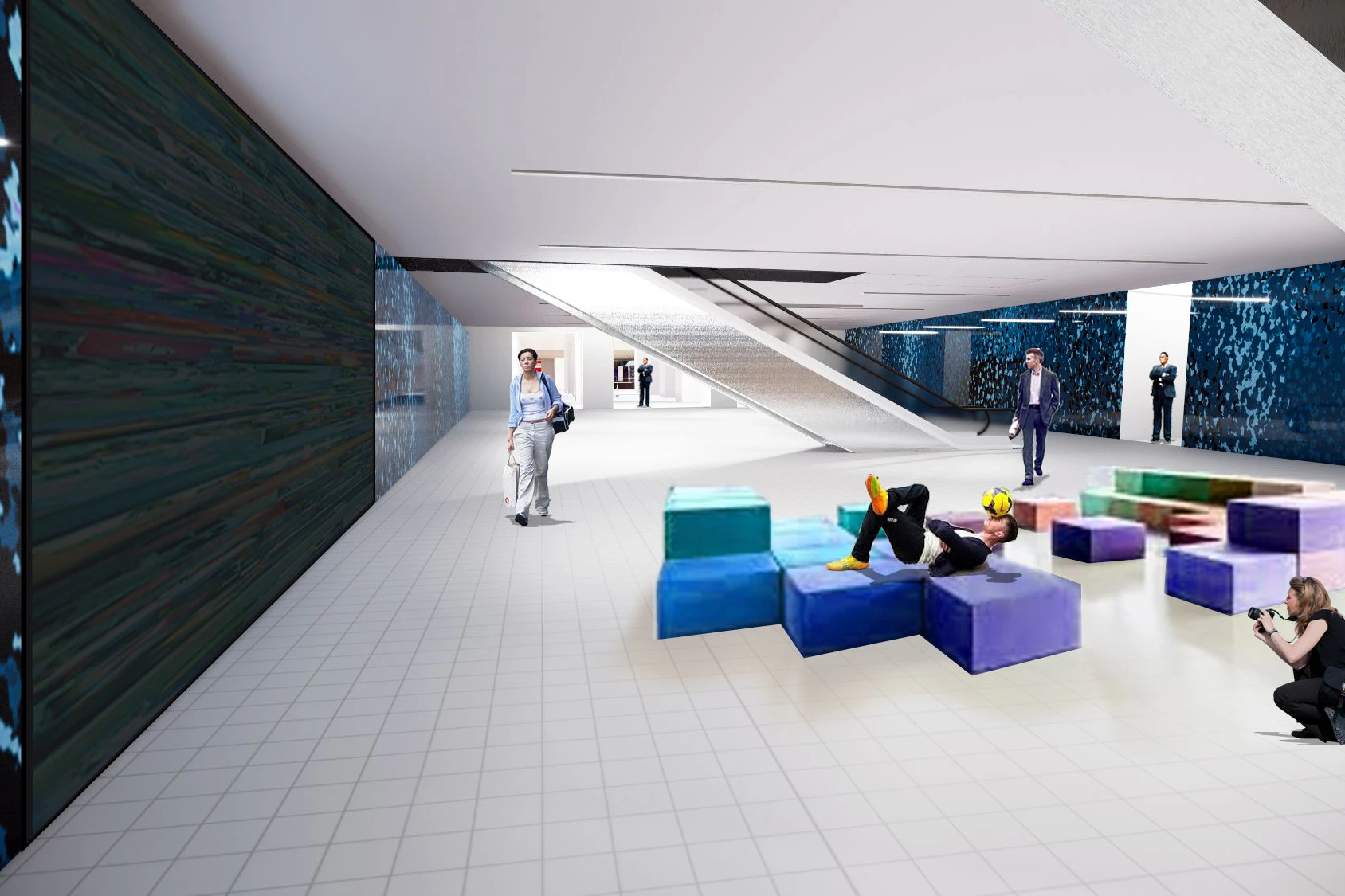Schöner warten in der geplanten S-Bahn-Station unterm Hauptbahnhof. Farbige Sitzwürfel gehören zu den Gestaltungsideen, an denen die Bahn derzeit arbeitet. Die Passerelle führt zum Hauptbahnhof und zur U5.