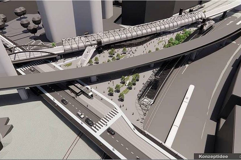 Die Simulation zeigt, wie der S-Bahn-Haltepunkt Perleberger Brücke aussehen könnte. In der Konzeptstudie ist der Bahnsteig Richtung Wedding oben zu sehen, der Bahnsteig Richtung Westhafen unten.