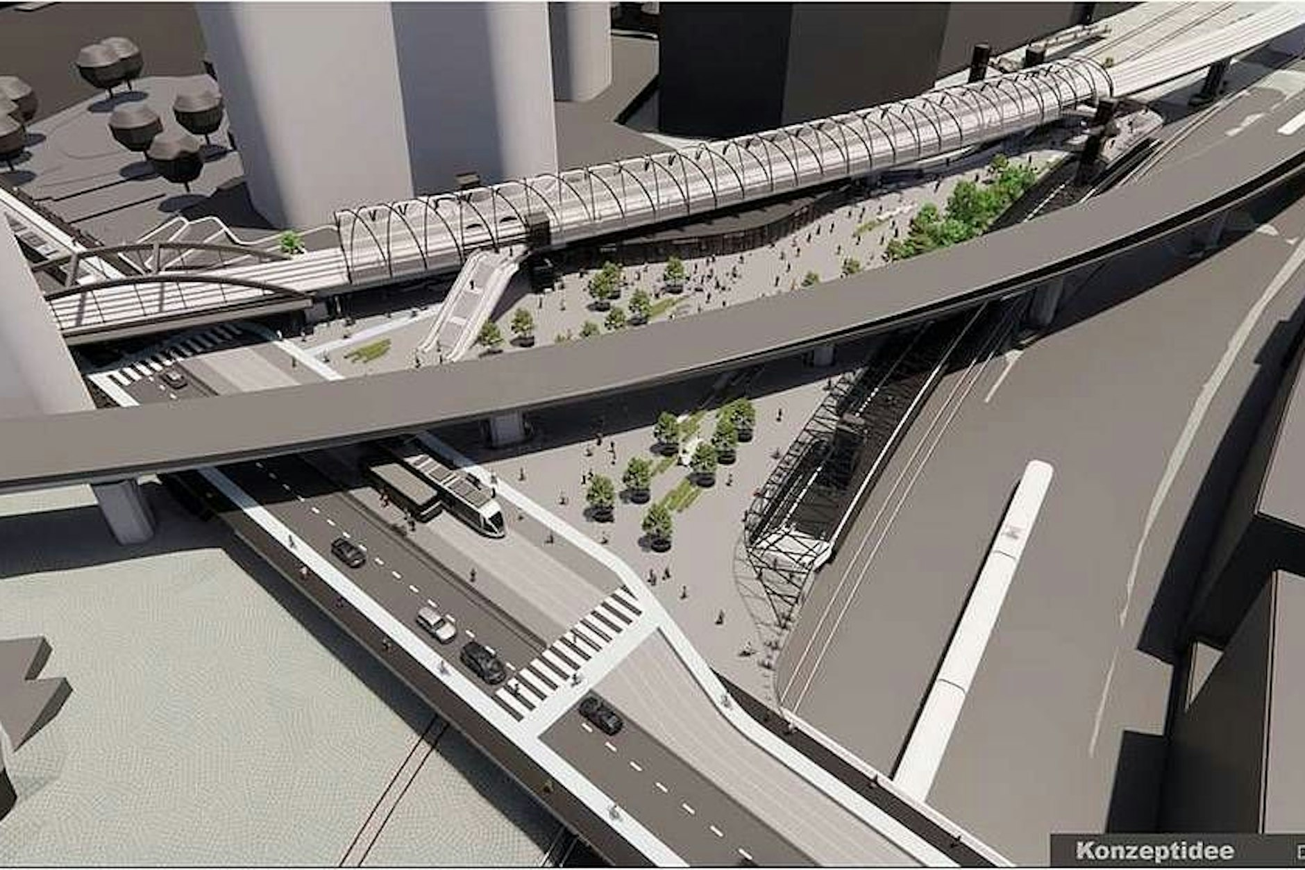 Die Simulation zeigt, wie der S-Bahn-Haltepunkt Perleberger Brücke aussehen könnte. In der Konzeptstudie  ist der Bahnsteig Richtung Wedding oben zu sehen, der Bahnsteig Richtung Westhafen unten.