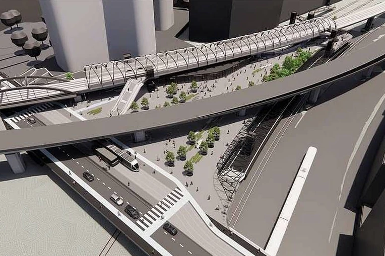 So könnte der geplante Haltepunkt Perleberger Brücke aussehen. Auf der Konzeptstudie  ist der Bahnsteig Richtung Wedding oben zu sehen, der Bahnsteig Richtung Westhafen unten. Links verläuft die Perleberger Straße.