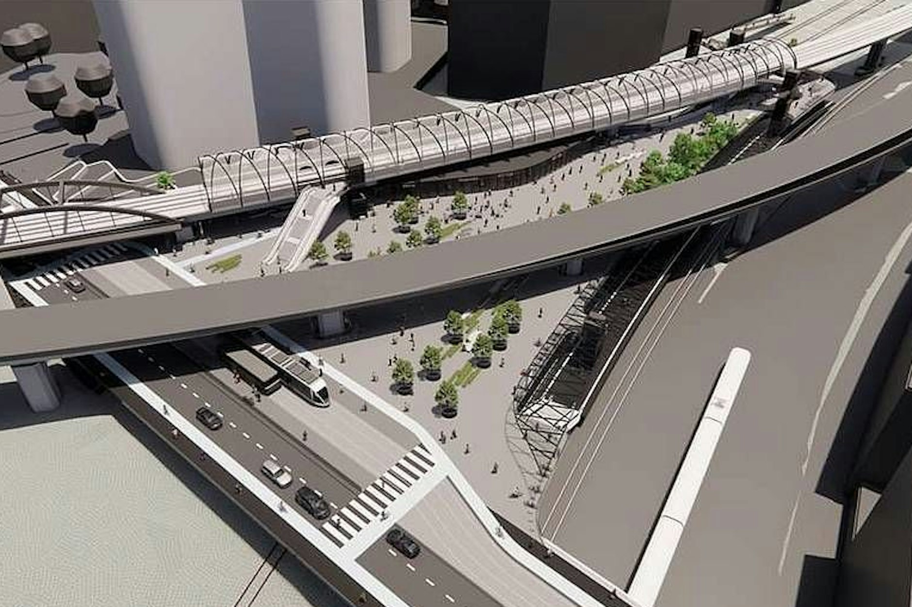 So könnte der geplante Haltepunkt Perleberger Brücke aussehen. Auf der Konzeptstudie  ist der Bahnsteig Richtung Wedding oben zu sehen, der Bahnsteig Richtung Westhafen unten. Links verläuft die Perleberger Straße.