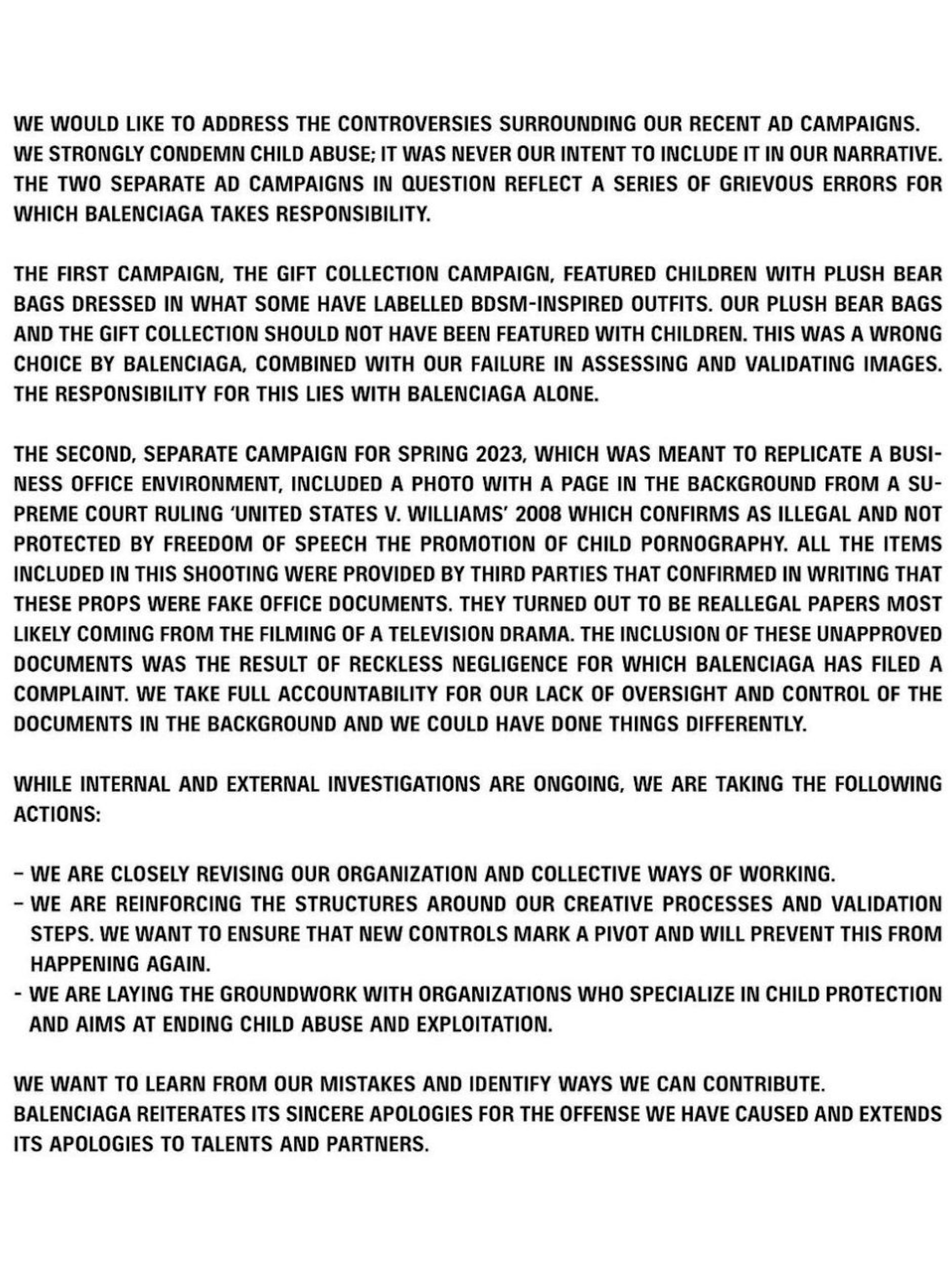 Statement von Montag Abend, veröffentlicht im Instagram-Account von Balenciaga.