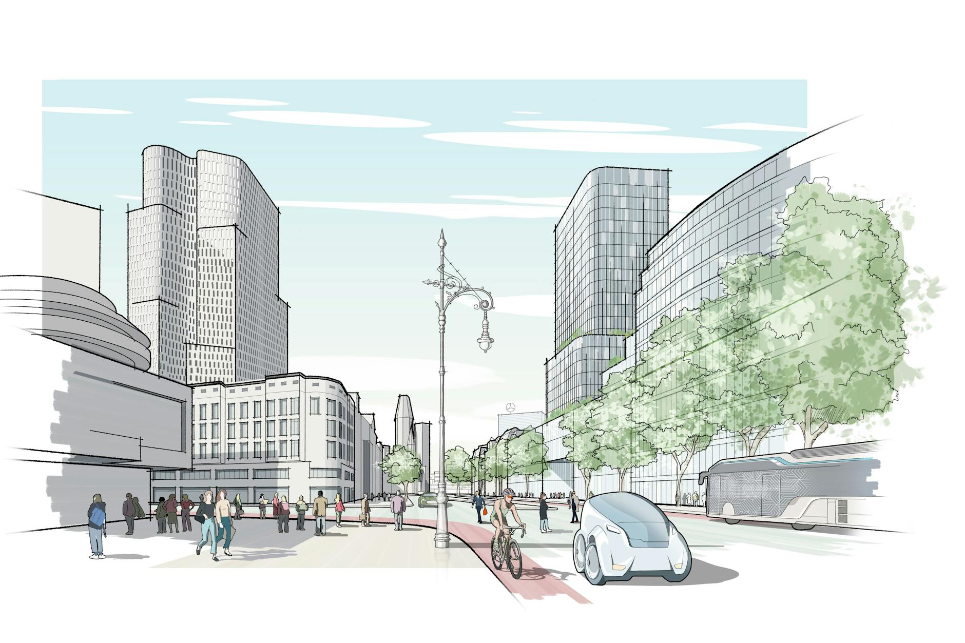 Hoch hinaus am Kudamm: Signa hat in der Vergangenheit immer wieder Vorschläge für eine Hochhausbebauung am Kudamm präsentiert. Dazu gehört dieser, der am Standort des jetzigen Karstadthauses (rechts im Bild) einen Turm vorsieht.