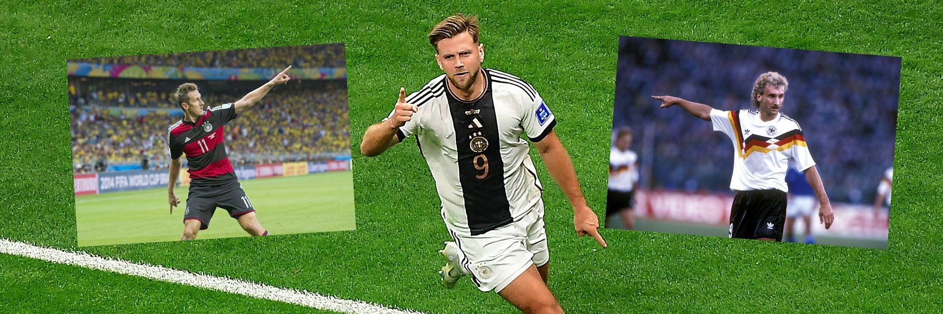 Die Weser wirkt Wunder: Vor Niclas Füllkrug (M.) stürmten bereits die Werder-Profis Rudi Völler (r.) und Miroslav Klose (l.) erfolgreich für den DFB bei einer WM.