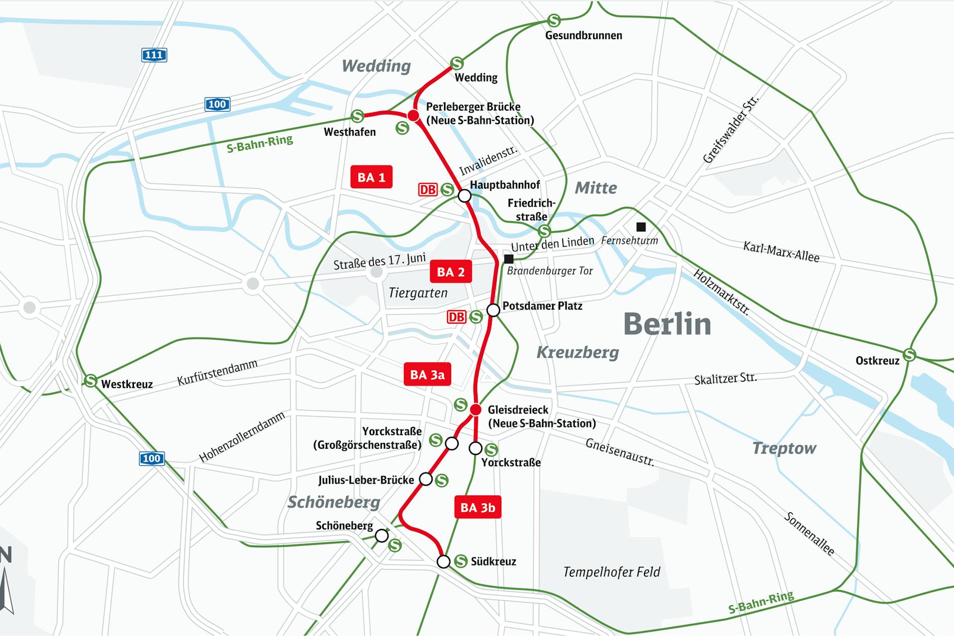 Ein Projekt mit vielen Herausforderungen: Die geplante zweite Nord-Süd-S-Bahn in Berlin, rot eingezeichnet, wird viele neue Verbindungen schaffen. Die 7,2 Kilometer haben es in sich.