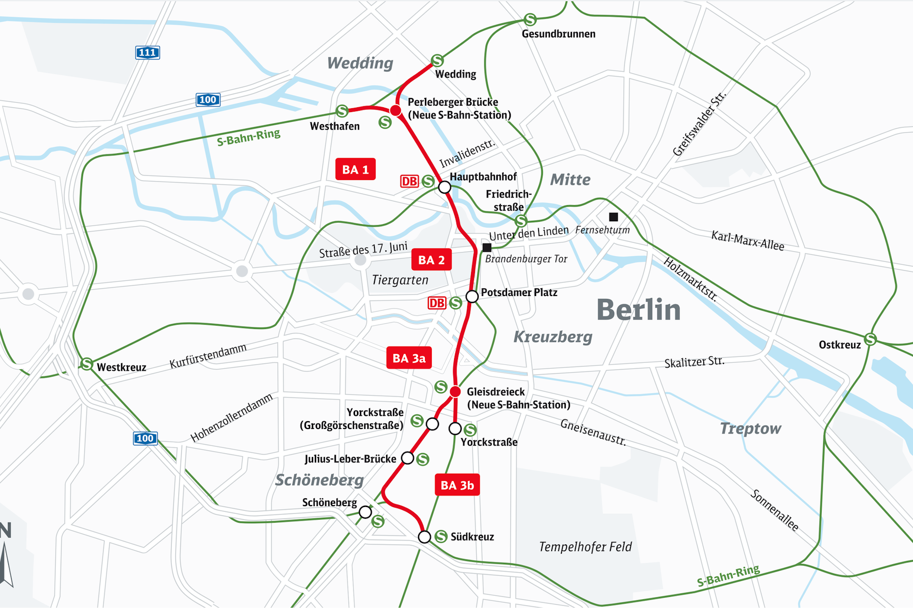 Ein Projekt mit vielen Herausforderungen: Die geplante zweite Nord-Süd-S-Bahn in Berlin, rot eingezeichnet, wird viele neue Verbindungen schaffen. Die 7,2 Kilometer haben es in sich.