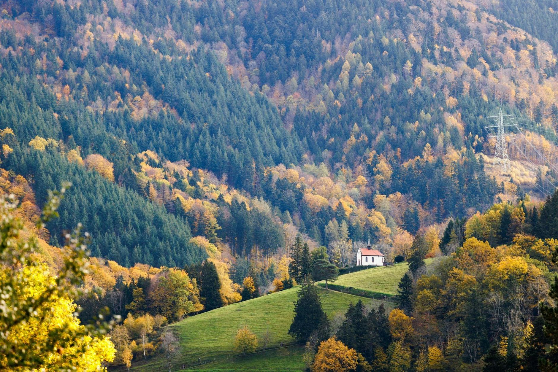 Eine Kapelle steht inmitten herbstlich verfärbter Bäume im baden-württembergischen Buchenbach. 2022 ist es ersten Prognosen zufolge so warm gewesen wie noch nie seit Beginn der Wetteraufzeichnungen im Jahr 1881.