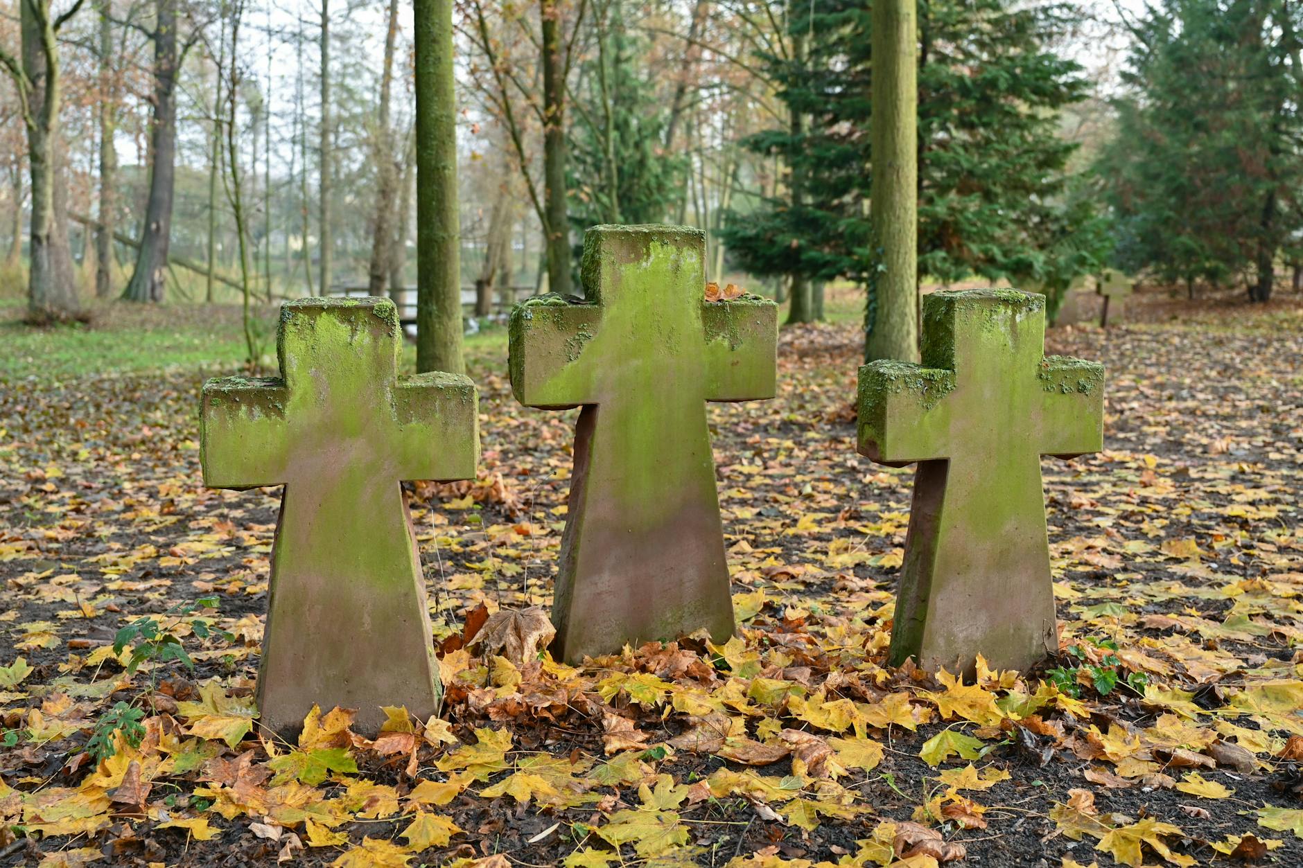 Steinerne Kreuze, in Gedenken an die Toten die hier vor mehr als zehn Jahren vom Volksbund Deutsche Kriegsgräberfürsorge gefunden wurden, stehen auf einem privaten Gelände. 