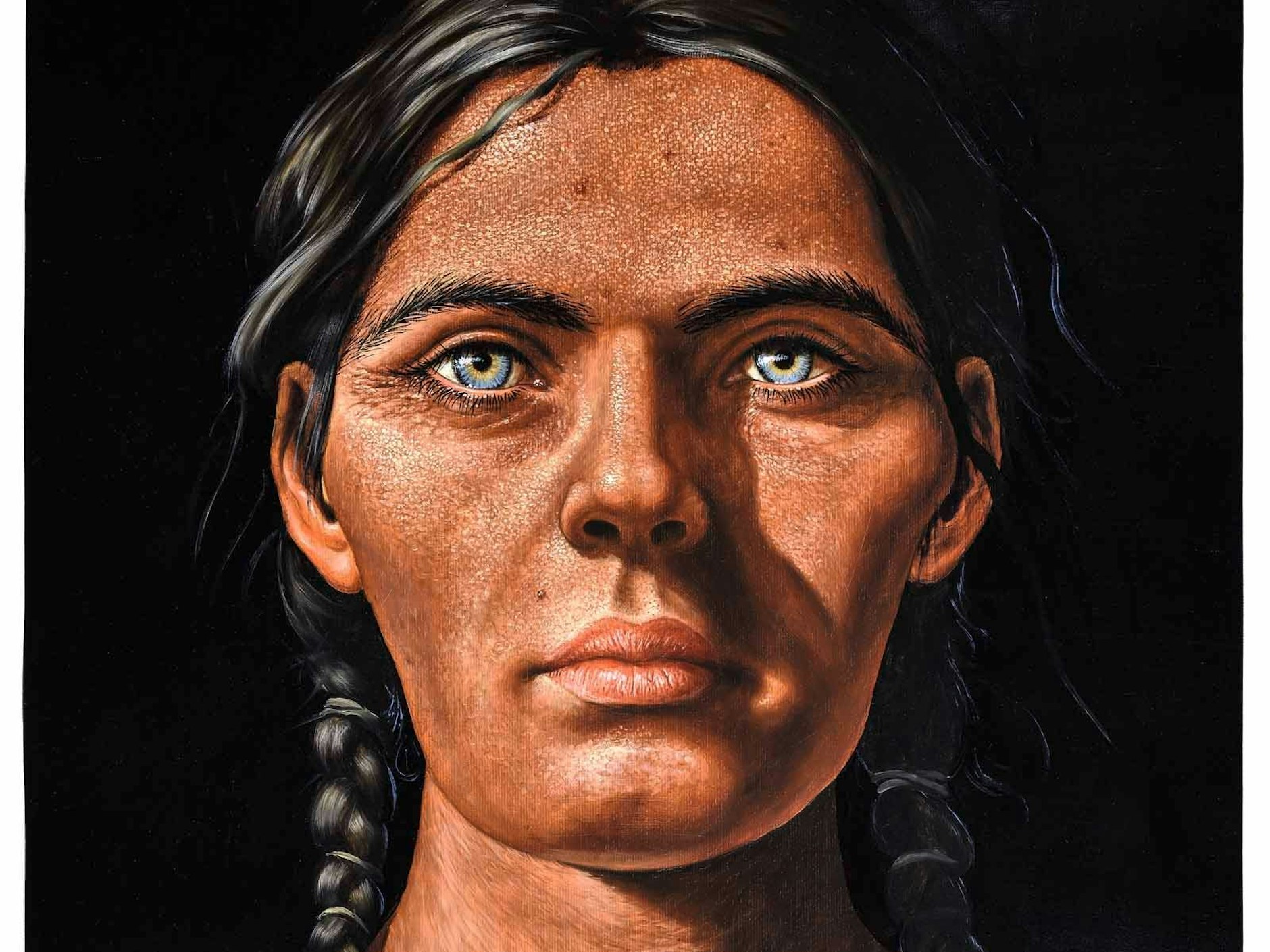 Porträt der geheimnisvollen Frau von der Saale, rekonstruiert auf Basis der aktuellen genetischen Erkenntnisse zu Haar-, Augen- und Hautfarbe sowie anatomischen Schädelstudien. 20 Prozent ihrer DNA steckt noch in der Mehrzahl der heutigen Europäer.