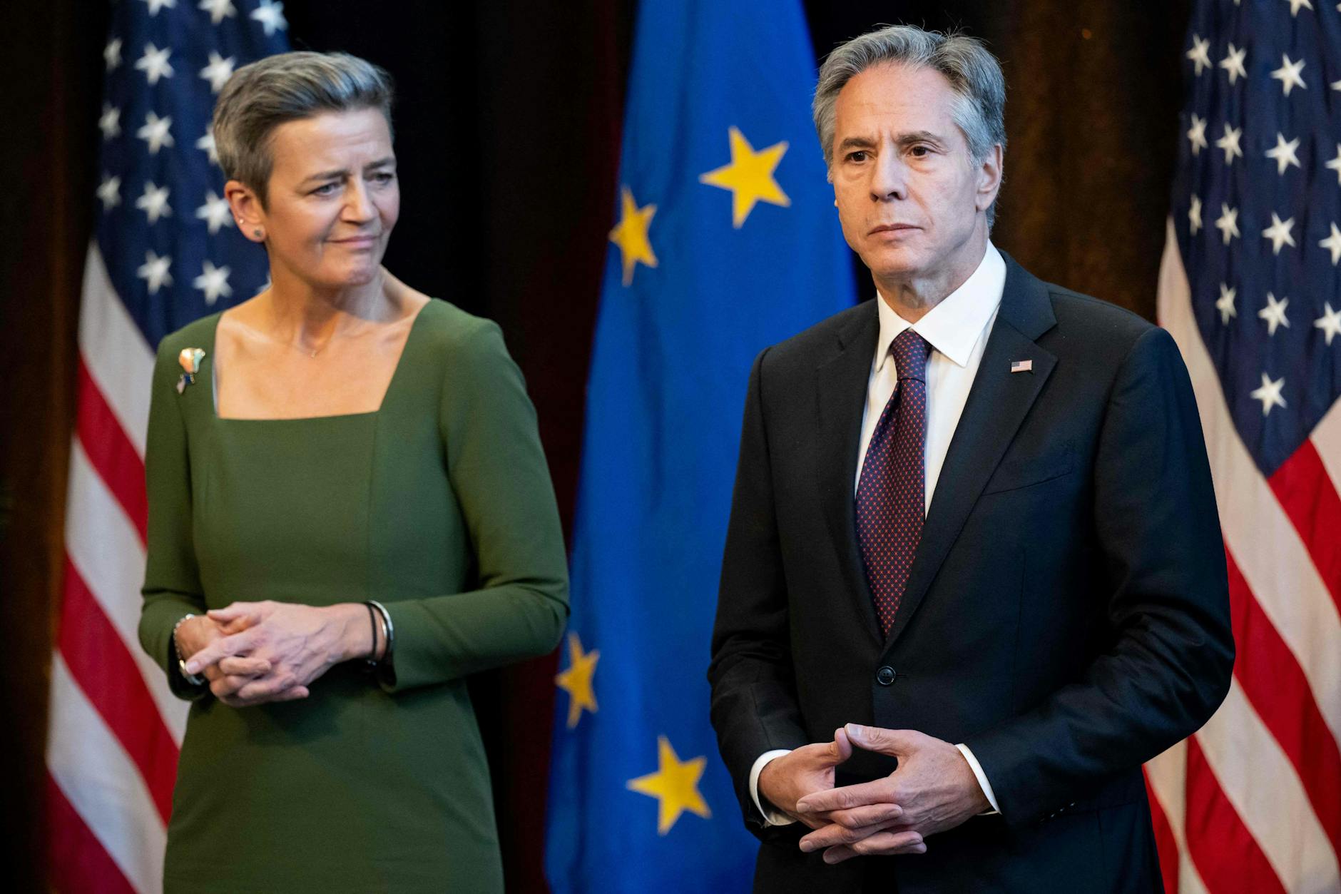 EU-Kommissarin Margrethe Vestager US-Außenminister Antony Blinken in Maryland.