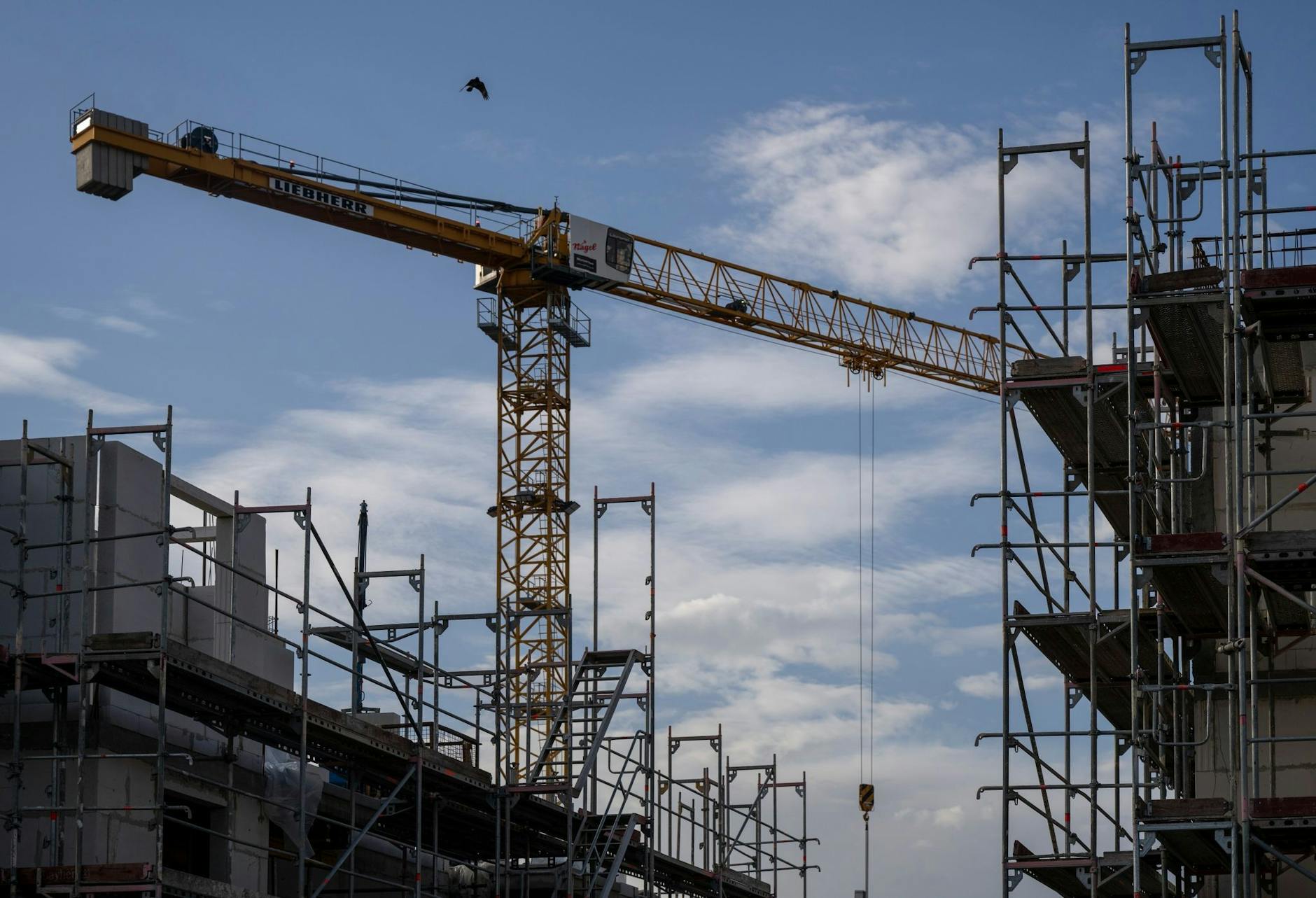 ARCHIV - Ein Turmdrehkran ragt in den Himmel auf einer Baustelle zwischen neu errichteten Wohnhäusern: Die mittelständische Bauwirtschaft kämpft mit Problemen.