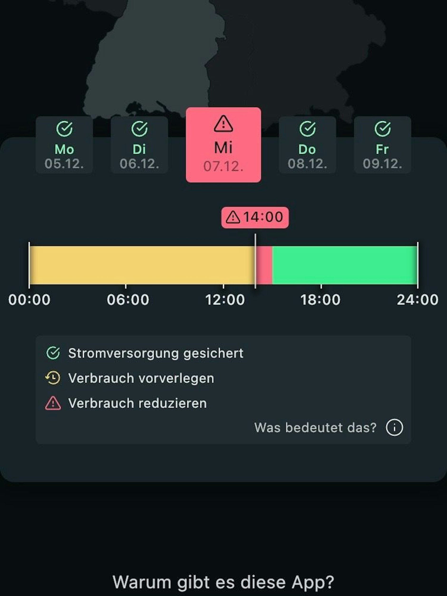 Die App des Netzbetreibers TransnetBW forderte dazu auf, den Stromverbrauch in der Zeit zwischen 14 und 15 Uhr zu reduzieren.