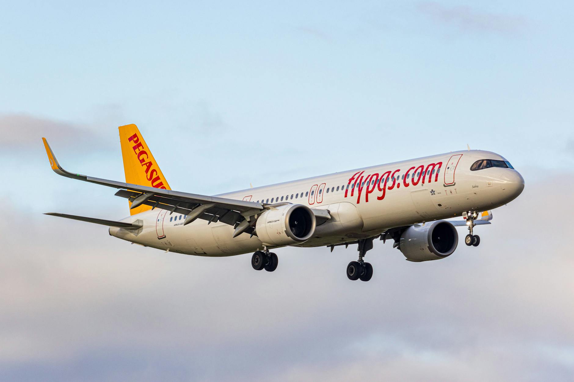 Ein Flieger der Airline Pegasus im Landeanflug