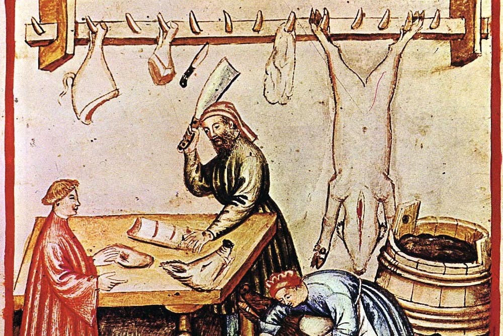 Diese Illustration aus einem Tacuinum sanitatis, einem Bilderkodex, zeigt eine Hausschlachtung im Spätmittelalter