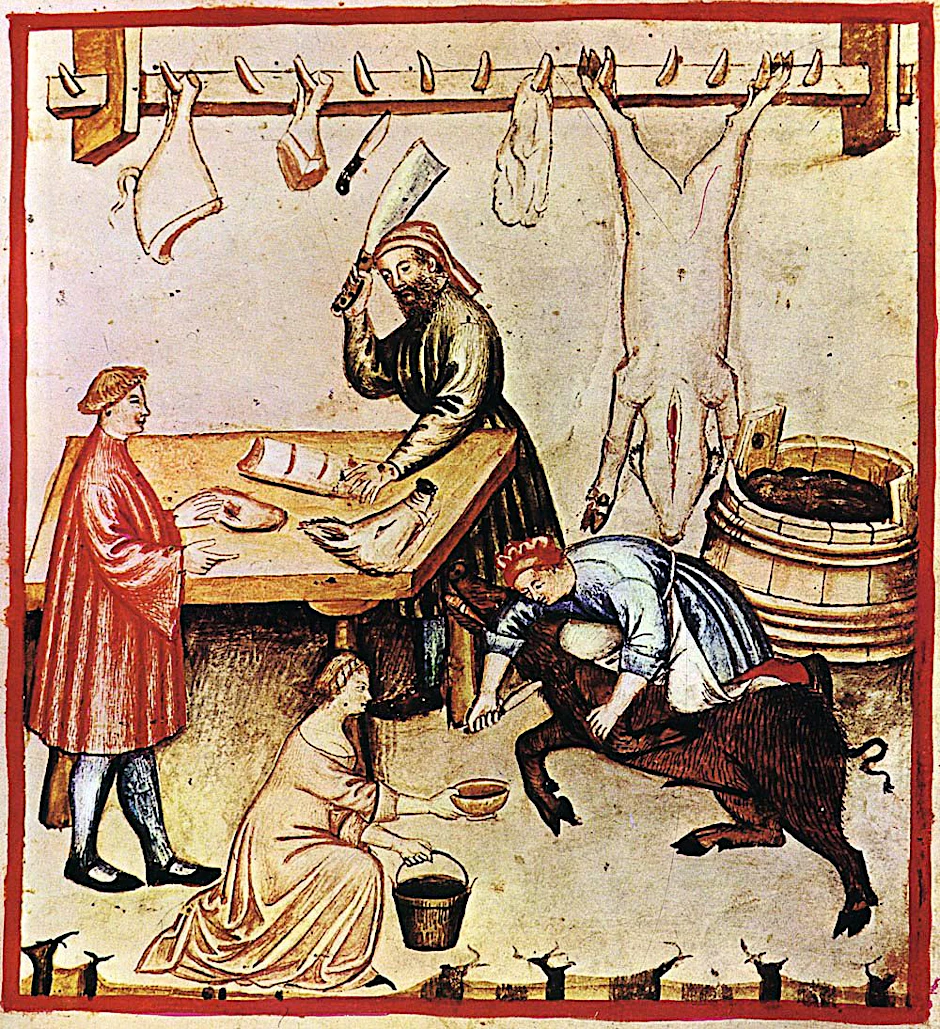 Diese Illustration aus einem Tacuinum sanitatis, einem Bilderkodex, zeigt eine Hausschlachtung im Spätmittelalter