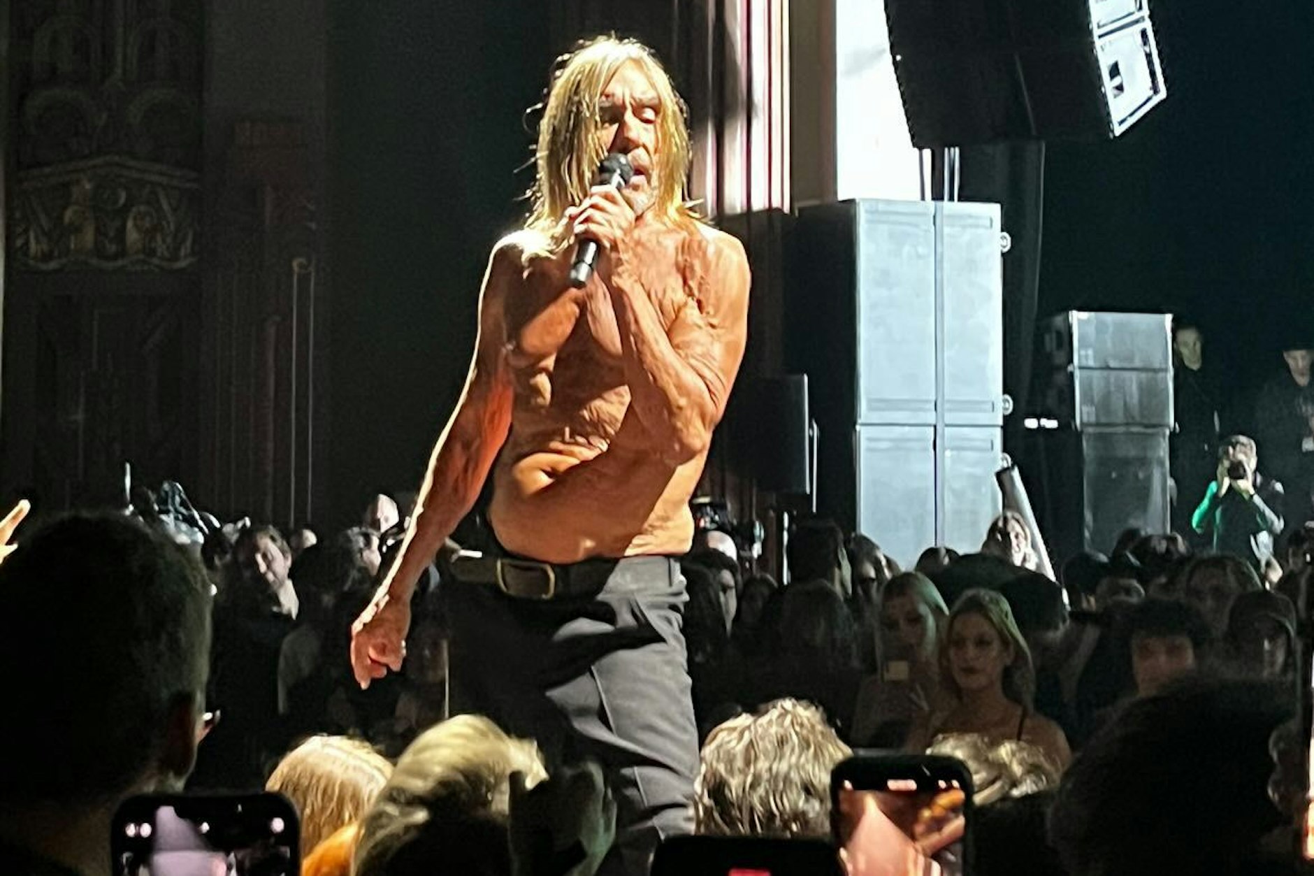 Iggy Pop oben ohne bei der Celine-Show in L.A.: Auch als betagter Star zeigt er sich seinem Publikum gern unverhüllt.
