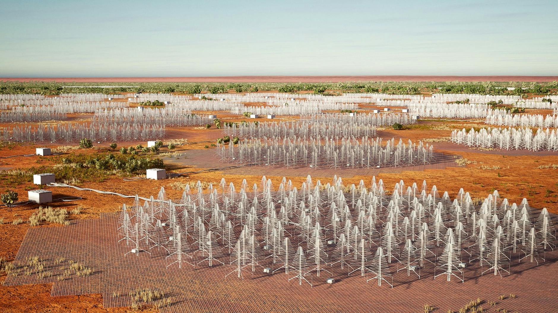 HANDOUT - Eine künstlerische Darstellung des «Square Kilometre Array». Nach jahrzehntelangen Planungen und Verhandlungen haben im Outback von Westaustralien die Bauarbeiten für das größte Radioteleskop der Welt begonnen.