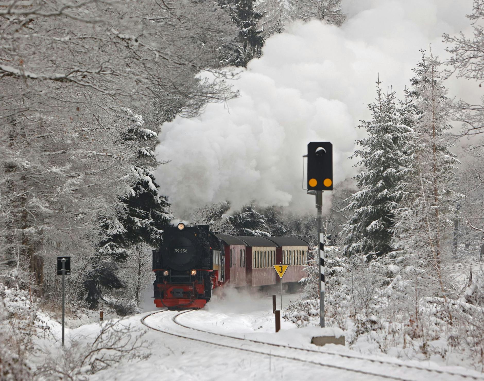Ein Zug der Harzer Schmalspurbahn HSB fährt durch die verschneite Landschaft bei Drei-Annen-Hohne.