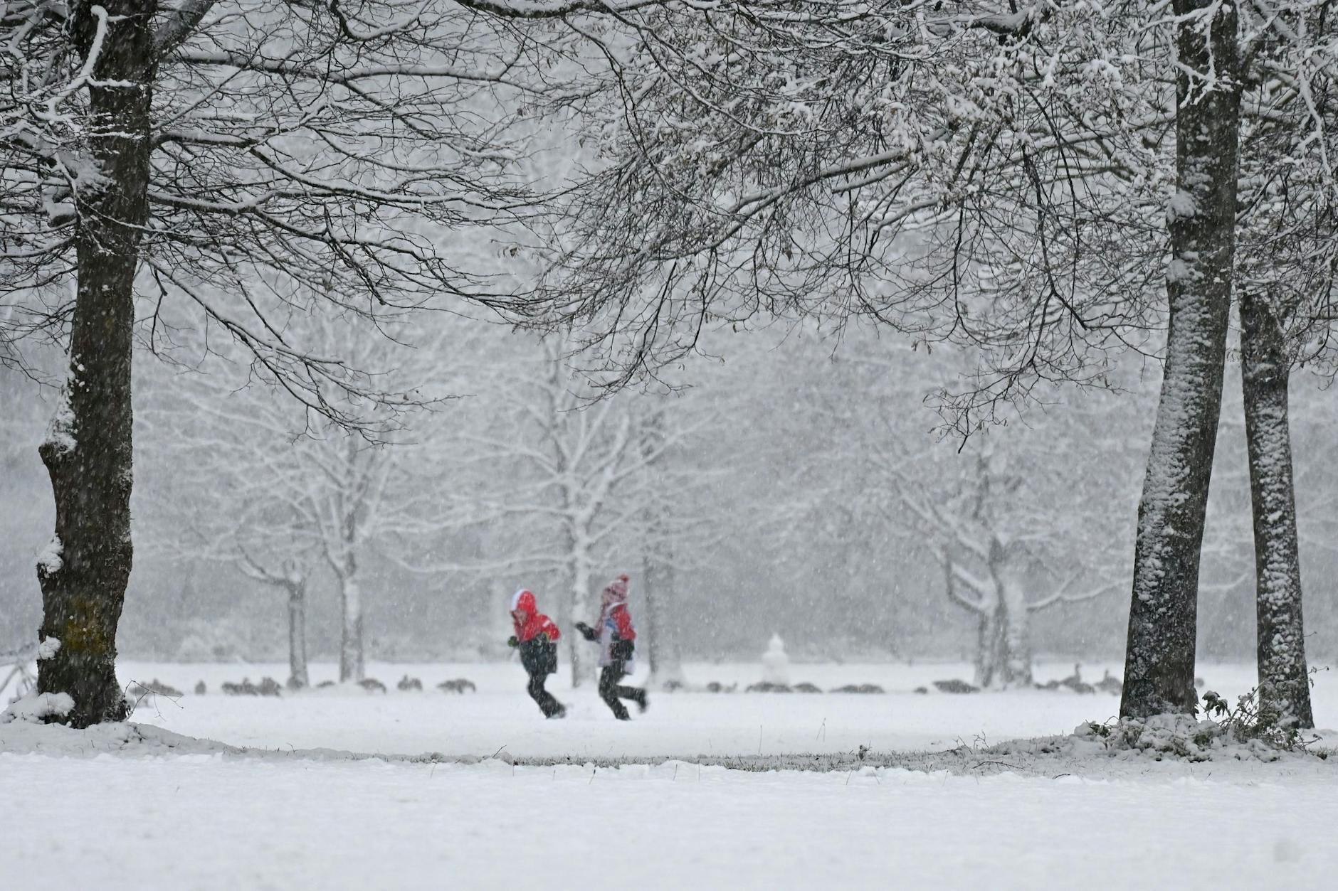 Kinder toben durch den verschneiten Englischen Garten in München.