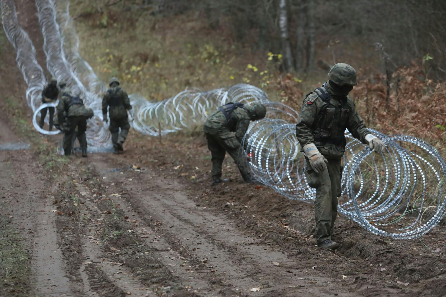 Polnische Soldaten installieren Stacheldraht entlang der polnischen Grenze zur russischen Exklave Kaliningrad.